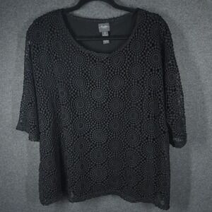 Chicos Travelers Black Crochet Top Size 2  Large Office Goth Hippie Retro Chic